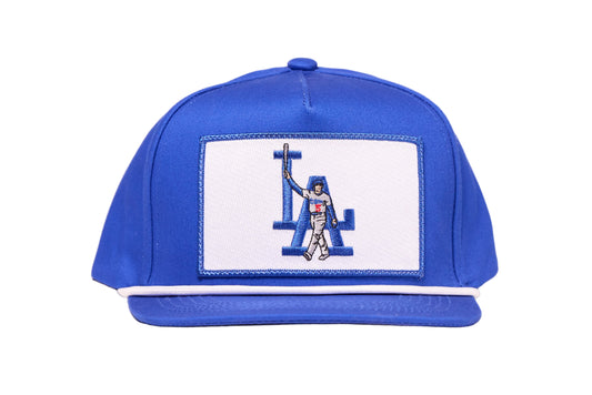 Blue baseball cap featuring a Los Angeles home run