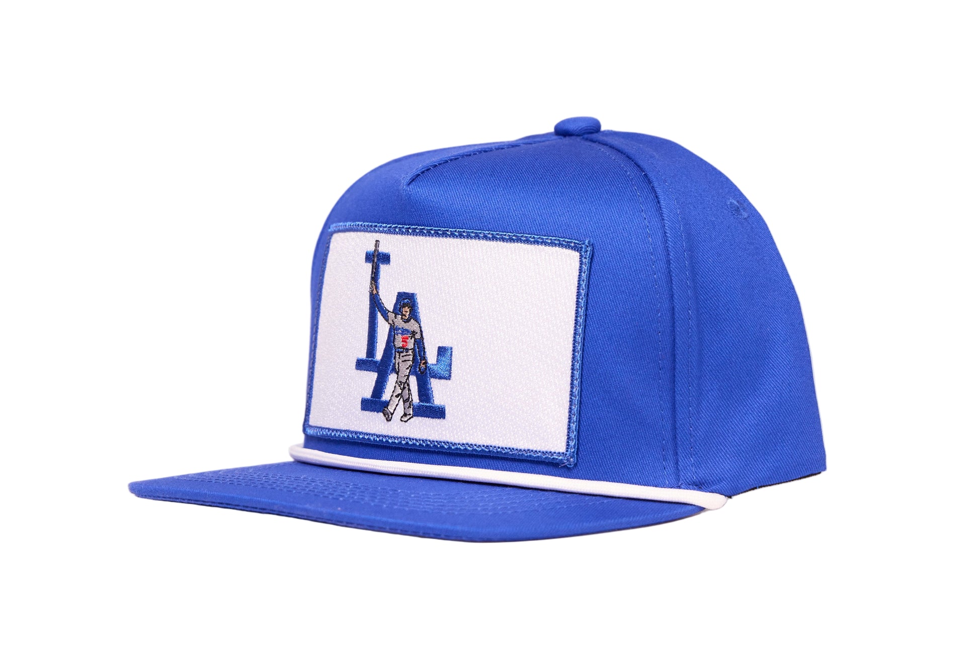 Blue baseball cap featuring a Los Angeles home run