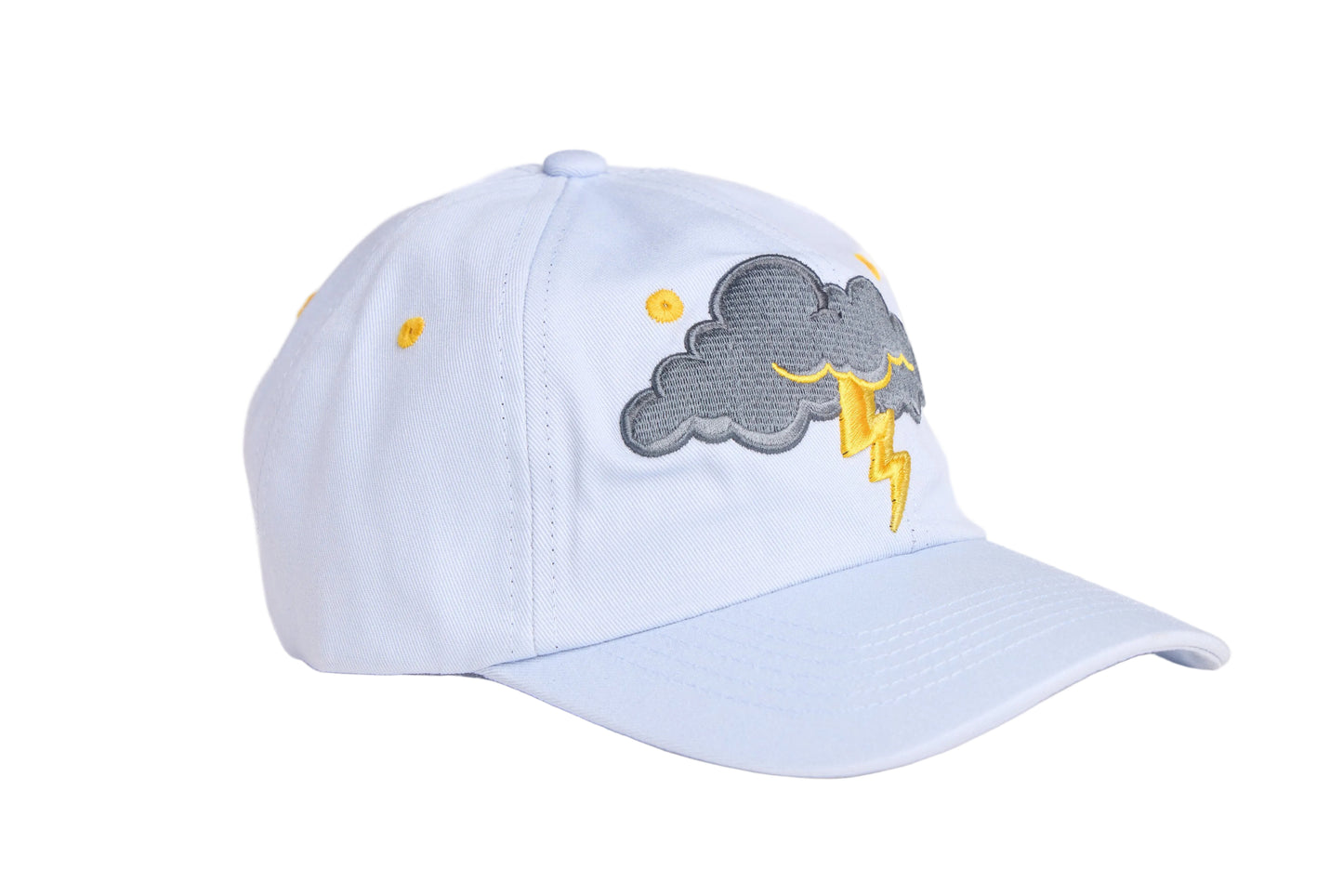 Light grey unstructured dad hat with thundercloud and lightning embroidered design
