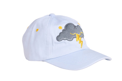 Light grey unstructured dad hat with thundercloud and lightning embroidered design