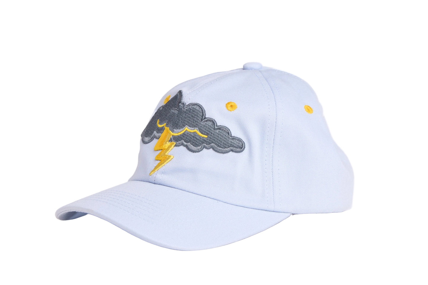 Light grey unstructured dad hat with thundercloud and lightning embroidered design