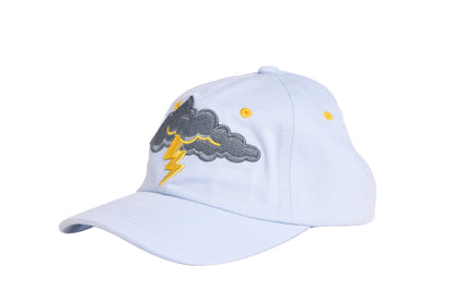 Light grey unstructured dad hat with thundercloud and lightning embroidered design