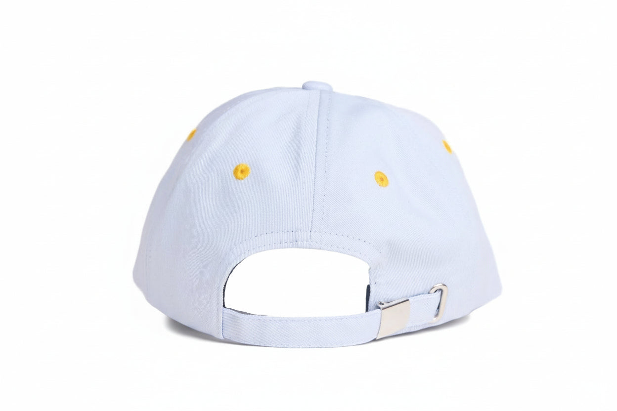 Light grey unstructured dad hat with thundercloud and lightning embroidered design