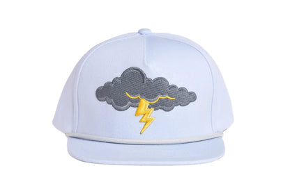Grey flat-bill hat with thunder cloud and lightning embroidery