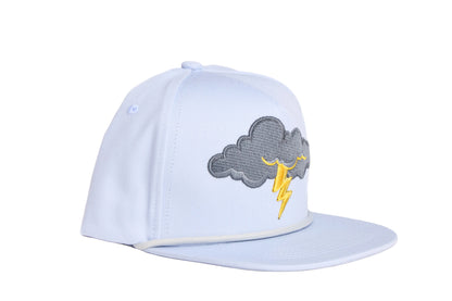 Grey flat-bill hat with thunder cloud and lightning embroidery