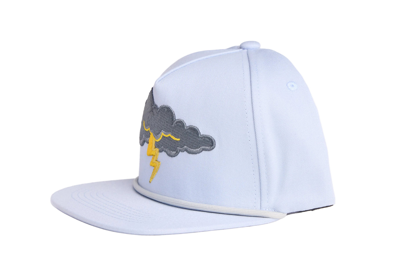 Grey flat-bill hat with thunder cloud and lightning embroidery