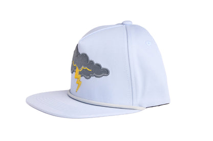Grey flat-bill hat with thunder cloud and lightning embroidery