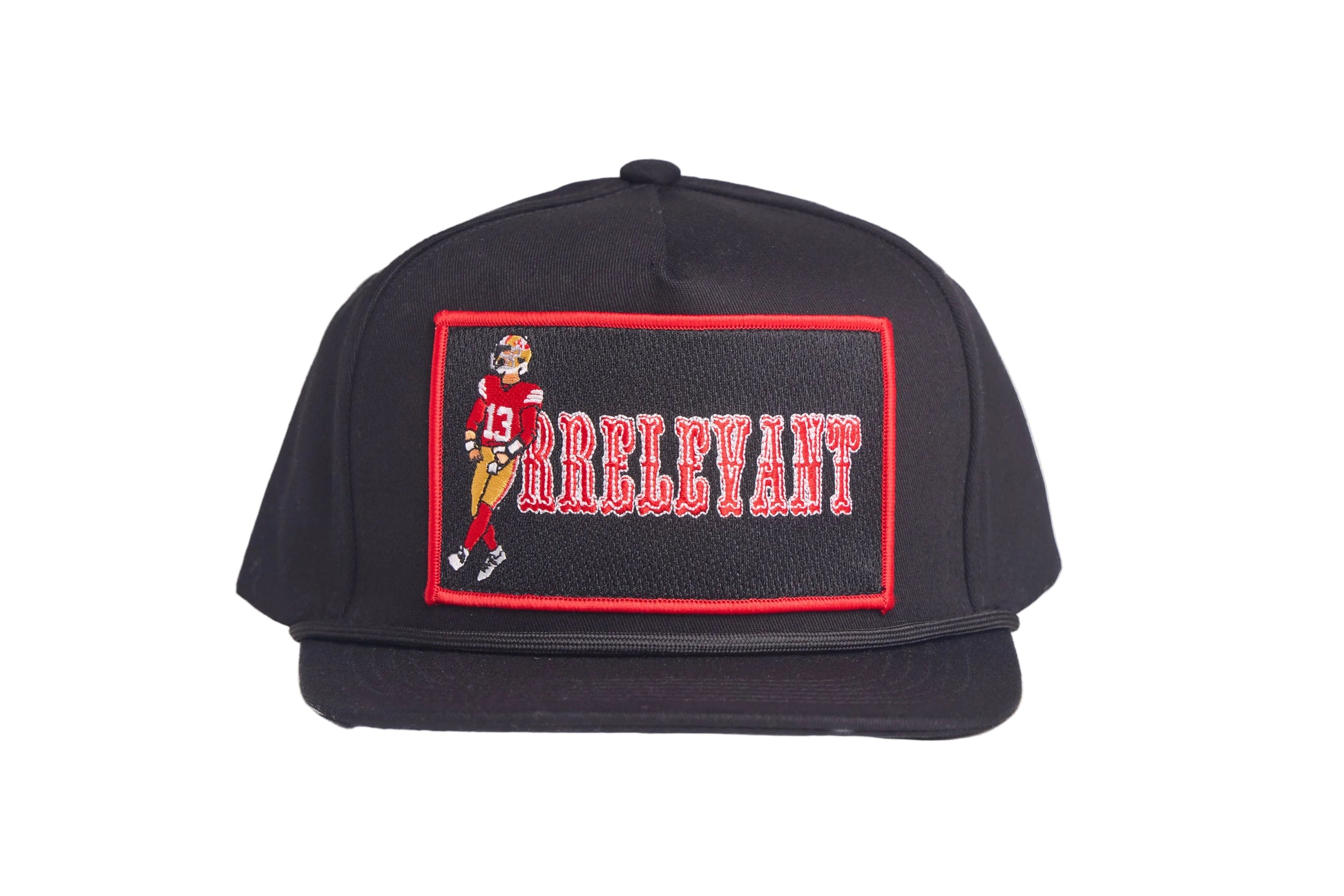 Black flat-bill hat with Brock Purdy Mr. Irrelevant patch