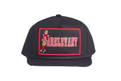 Black flat-bill hat with Brock Purdy Mr. Irrelevant patch