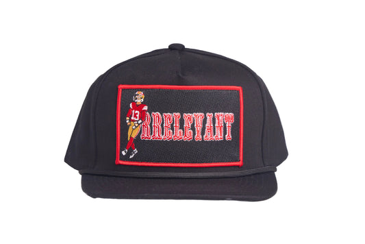 Black flat-bill hat with Brock Purdy Mr. Irrelevant patch