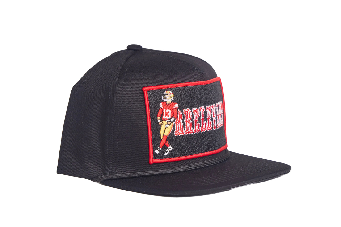 Black flat-bill hat with Brock Purdy Mr. Irrelevant patch