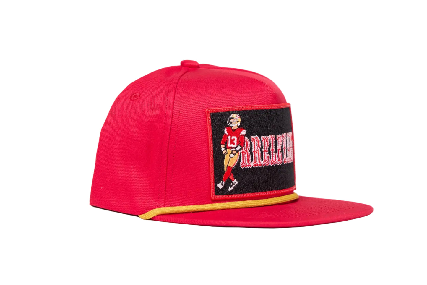 Red flat-bill hat with Brock Purdy Mr. Irrelevant patch