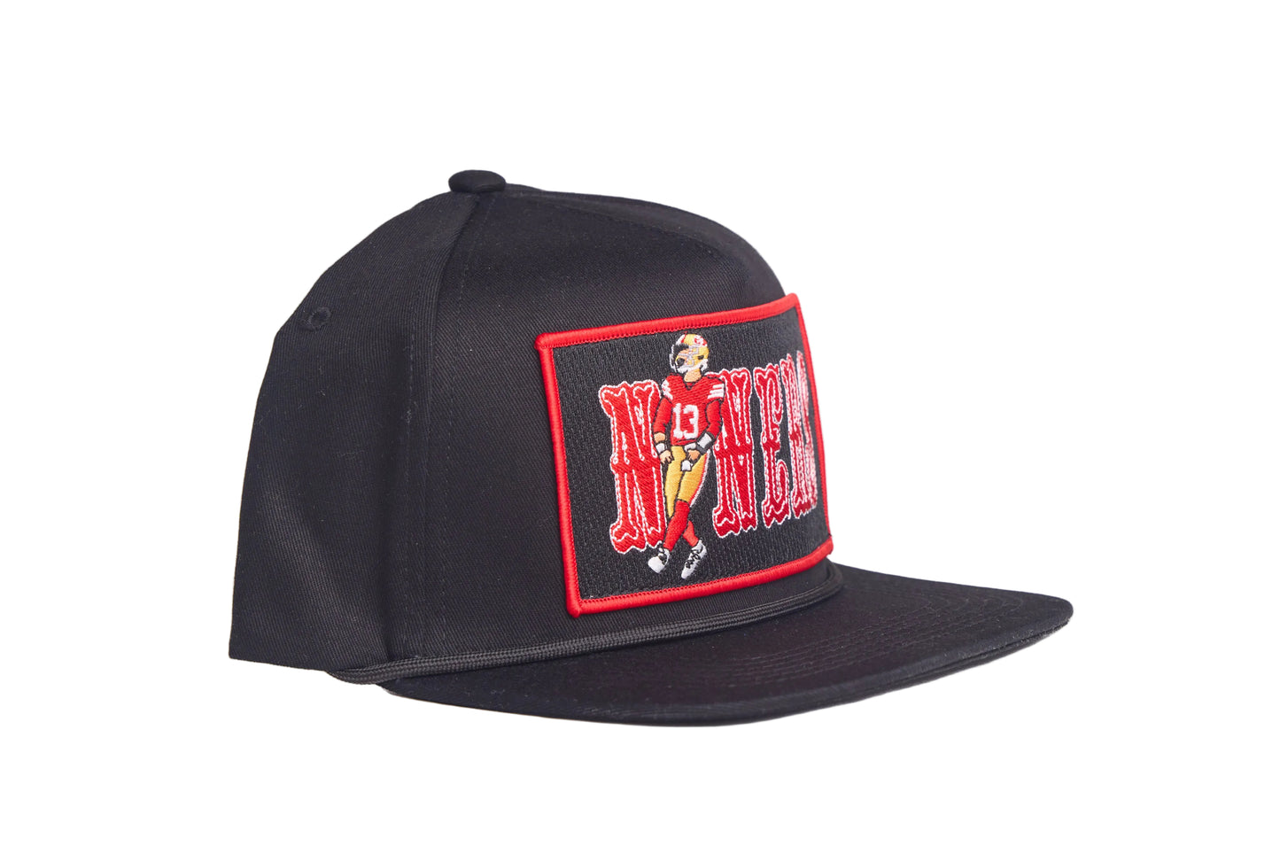 Black flat-bill hat with Brock Purdy Niners design patch