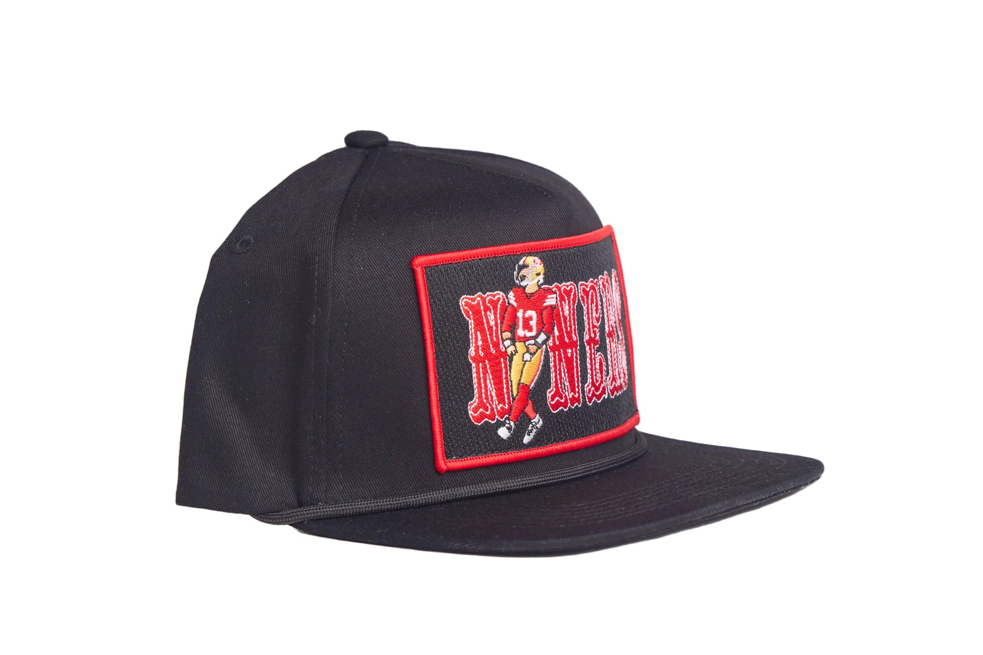Black flat-bill hat with Brock Purdy Niners design patch