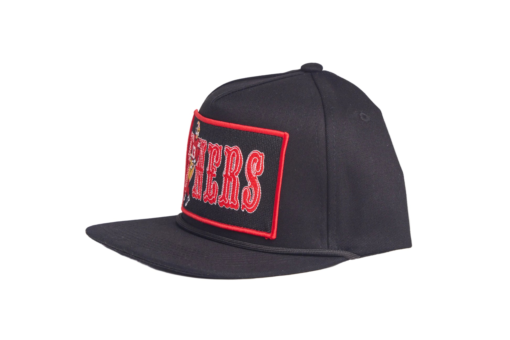 Black flat-bill hat with Brock Purdy Niners design patch