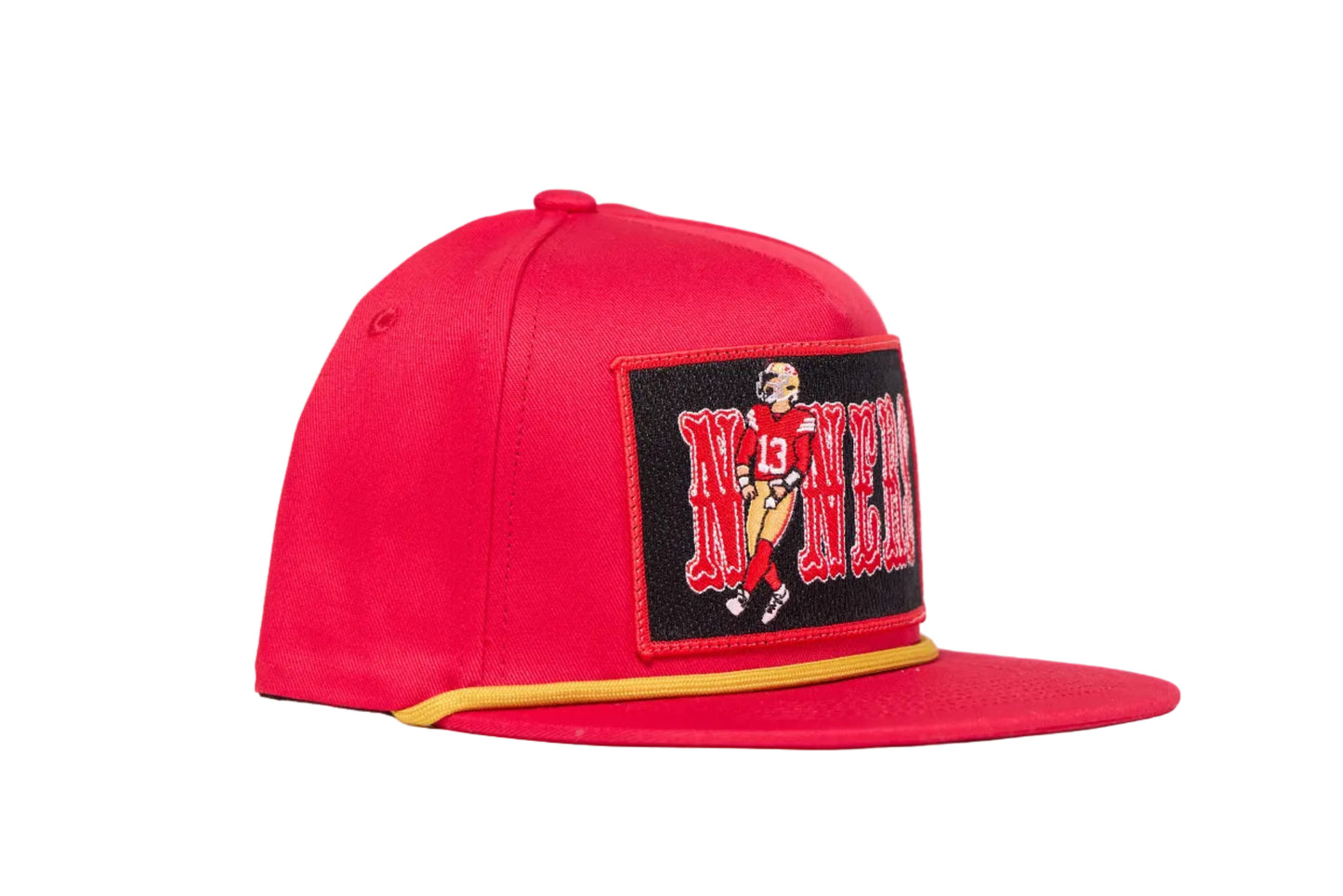Red flat-bill hat with Brock Purdy Niners design patch