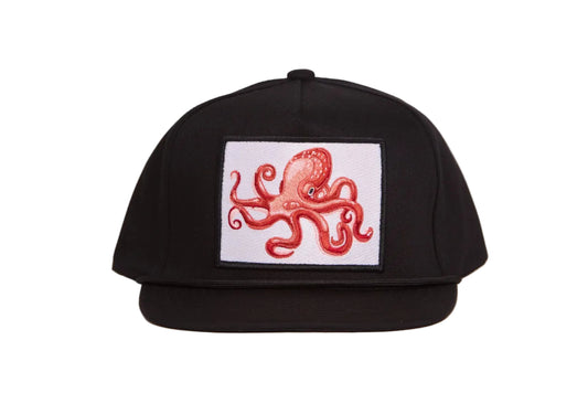 Black grey flat-bill hat with an octopus patch