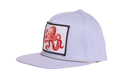 Light grey flat-bill hat with an octopus patch