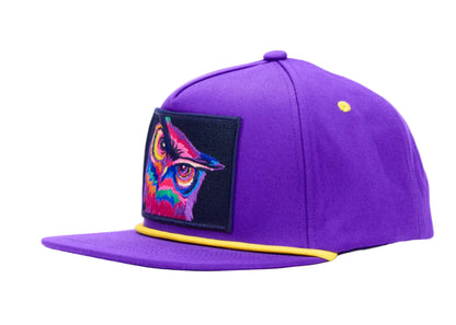 A purple snapback cap with a colorful embroidered owl patch on the front, a yellow piping accent along the brim, and a small yellow button on the crown, shown against a plain white background.