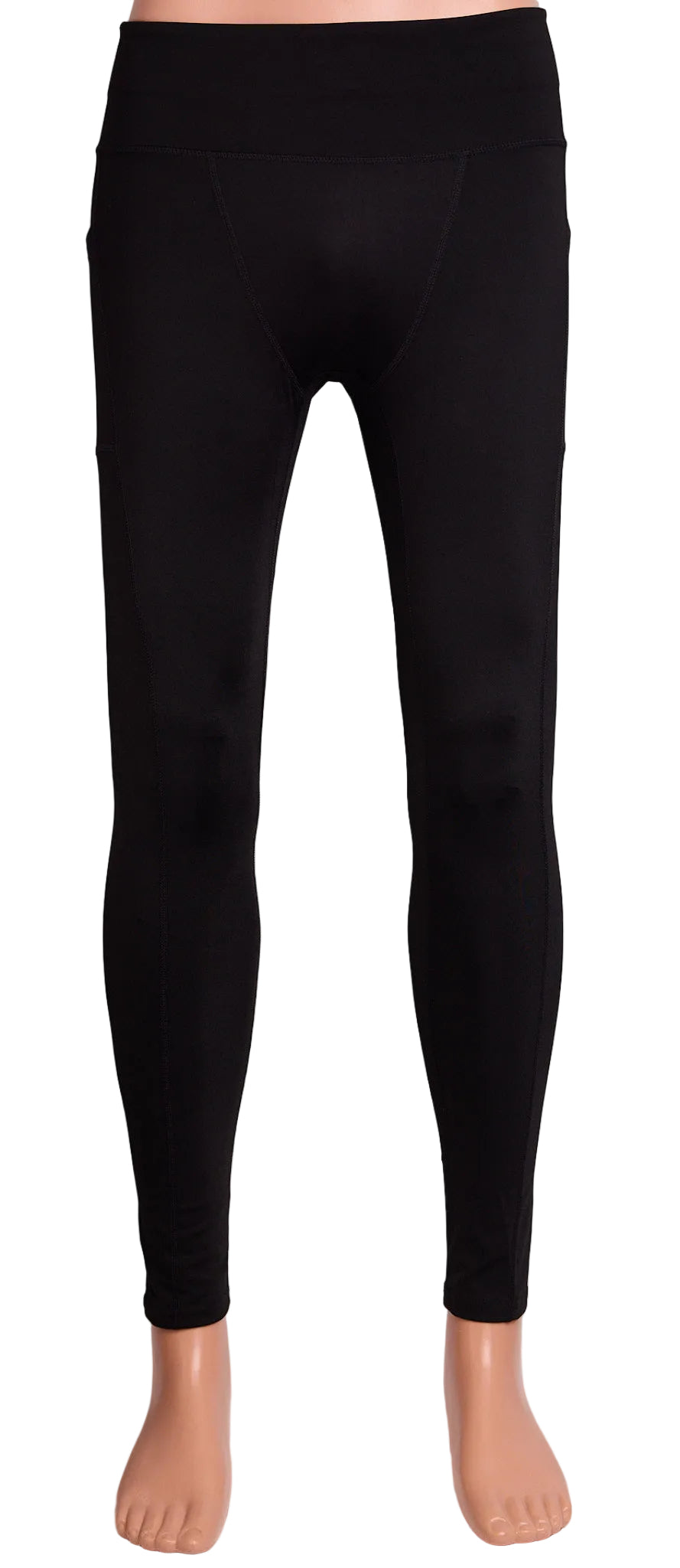 A pair of black, full-length fitness pants displayed on a model without a top. The pants have a sleek design with side pockets and a waistband.