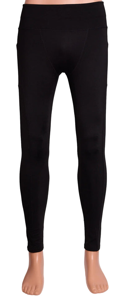 A pair of black, full-length fitness pants displayed on a model without a top. The pants have a sleek design with side pockets and a waistband.