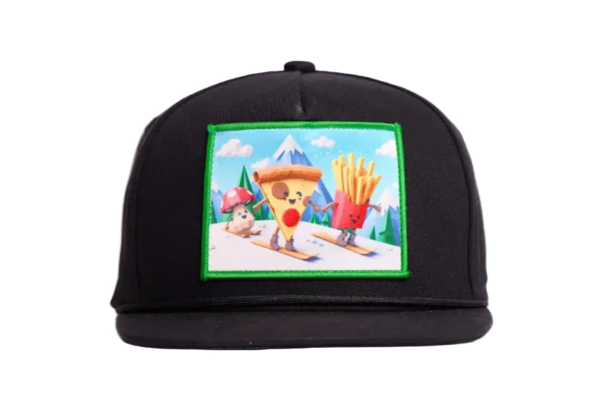 Black flat billed hat with a surreal image of a skiing troupe of Pizza, French Fries, and a mushroom