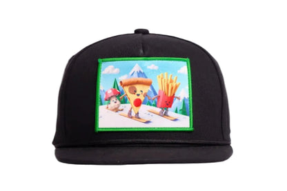 Black flat billed hat with a surreal image of a skiing troupe of Pizza, French Fries, and a mushroom