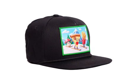 Black flat billed hat with a surreal image of a skiing troupe of Pizza, French Fries, and a mushroom