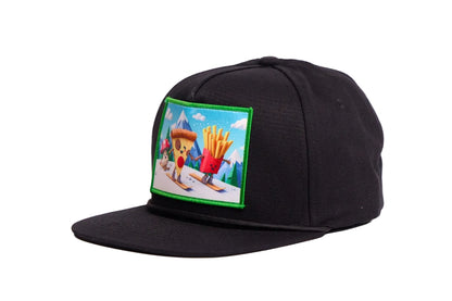 Black flat billed hat with a surreal image of a skiing troupe of Pizza, French Fries, and a mushroom