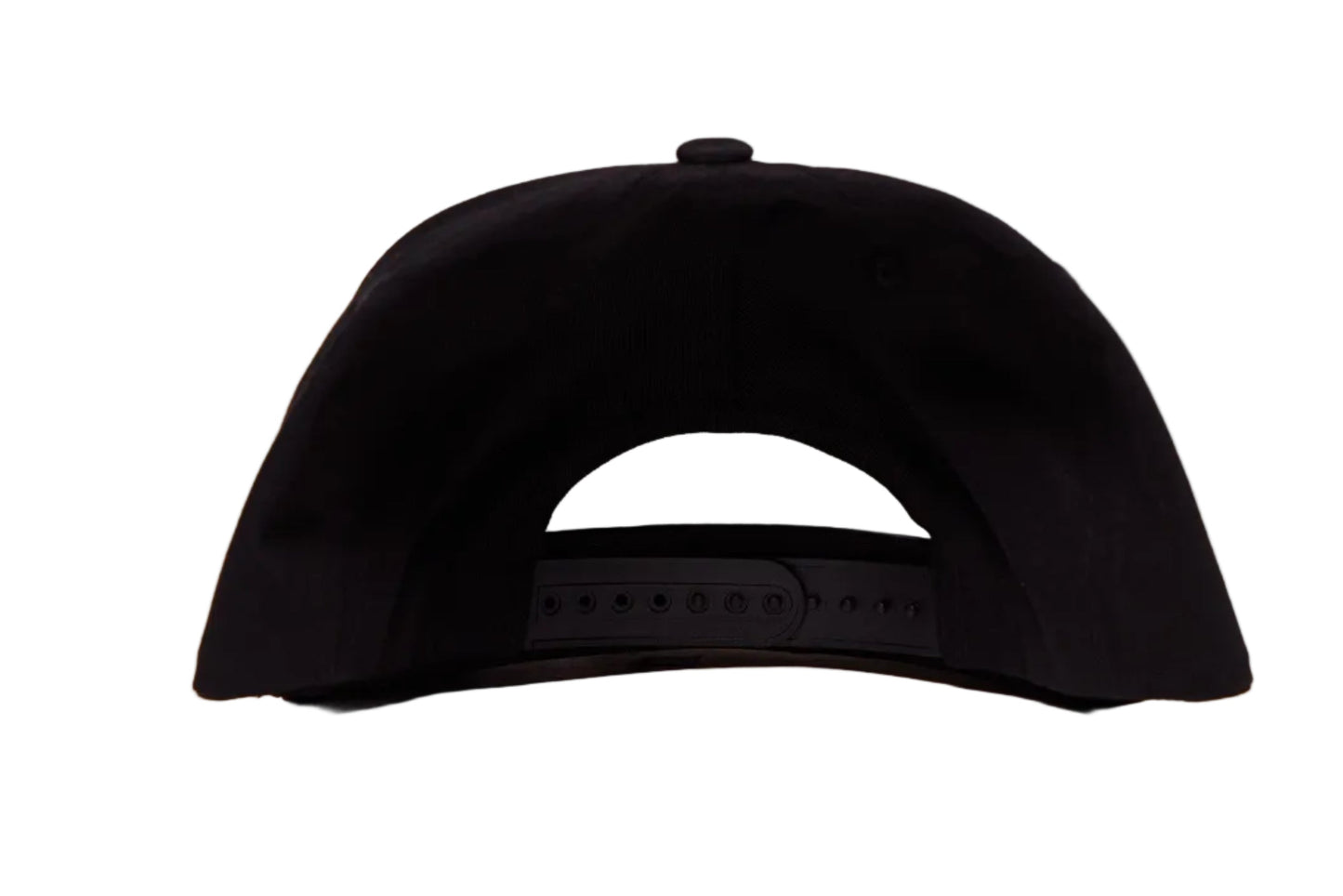 Black flat billed hat with a surreal image of a skiing troupe of Pizza, French Fries, and a mushroom