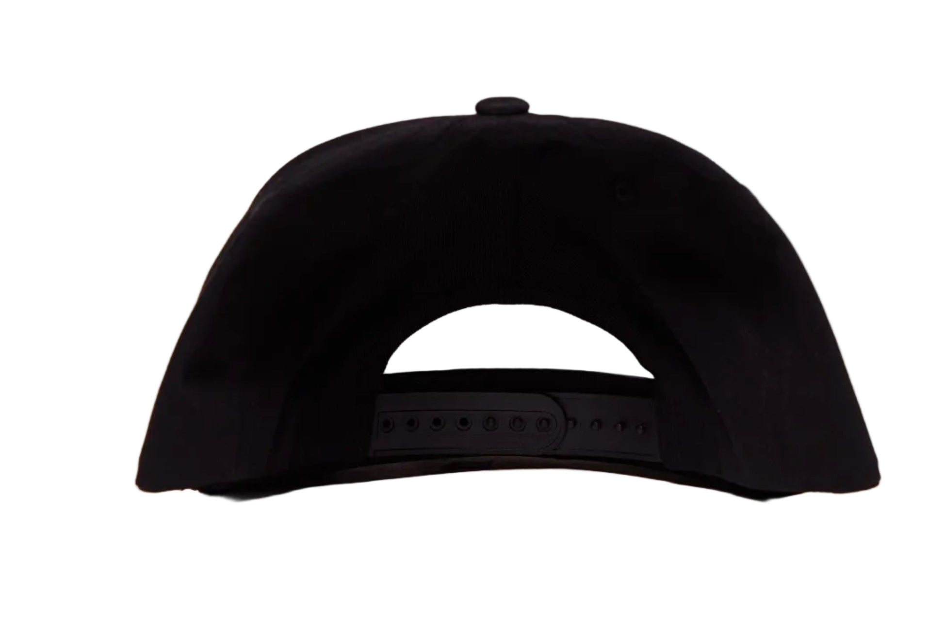 Black flat billed hat with a surreal image of a skiing troupe of Pizza, French Fries, and a mushroom
