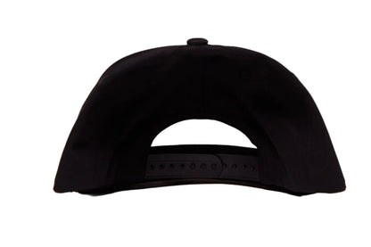 Black flat billed hat with a surreal image of a skiing troupe of Pizza, French Fries, and a mushroom