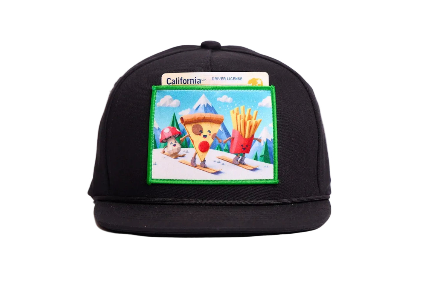 Black flat billed hat with a surreal image of a skiing troupe of Pizza, French Fries, and a mushroom