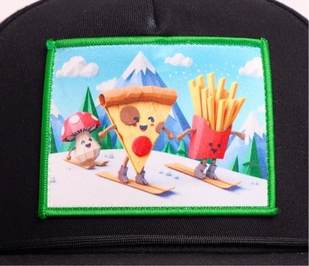 Black flat billed hat with a surreal image of a skiing troupe of Pizza, French Fries, and a mushroom