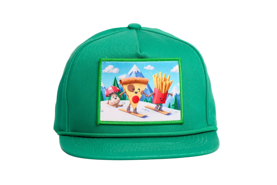 Green flat billed hat with a surreal image of a skiing troupe of Pizza, French Fries, and a mushroom
