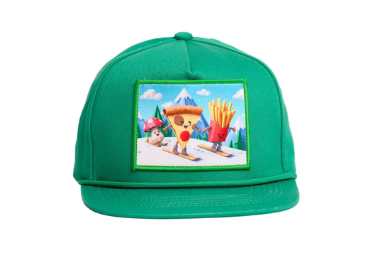 Green flat billed hat with a surreal image of a skiing troupe of Pizza, French Fries, and a mushroom