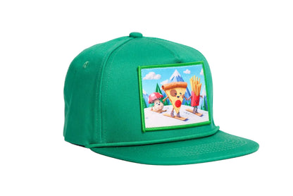 Green flat billed hat with a surreal image of a skiing troupe of Pizza, French Fries, and a mushroom