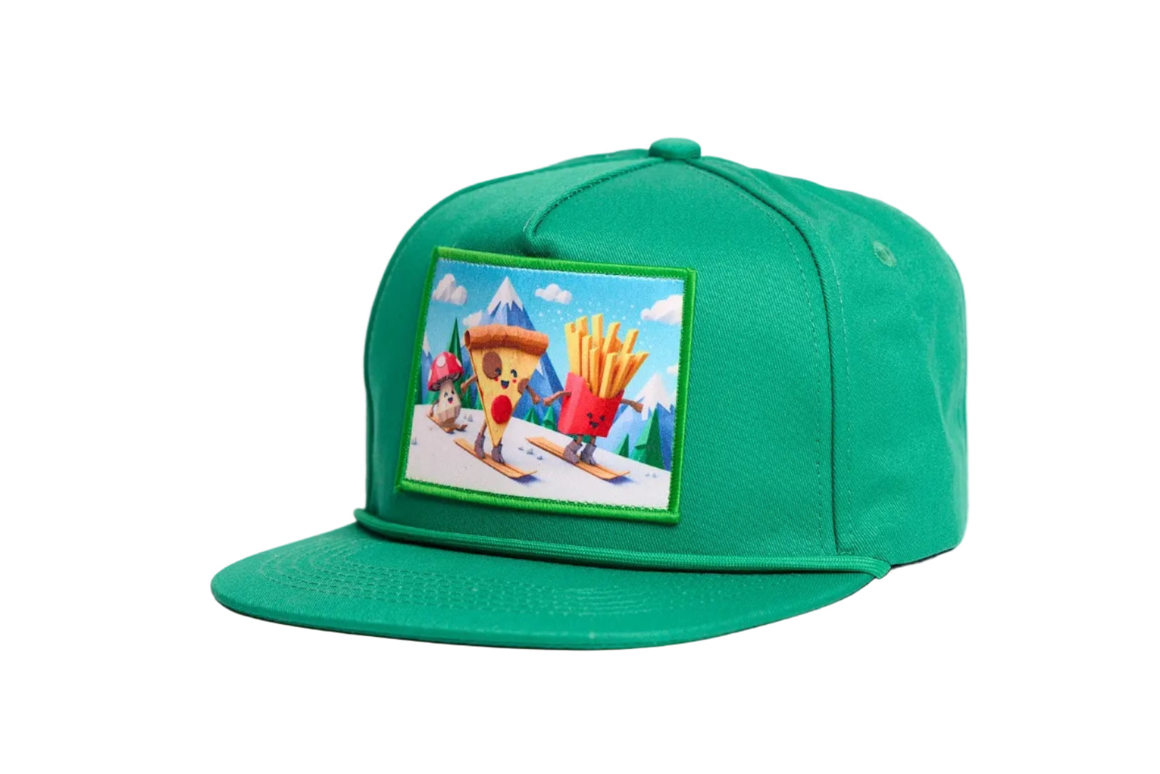 Green flat billed hat with a surreal image of a skiing troupe of Pizza, French Fries, and a mushroom
