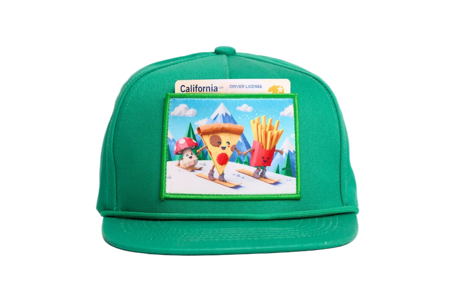 Green flat billed hat with a surreal image of a skiing troupe of Pizza, French Fries, and a mushroom