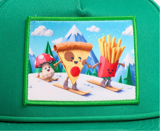 Green flat billed hat with a surreal image of a skiing troupe of Pizza, French Fries, and a mushroom
