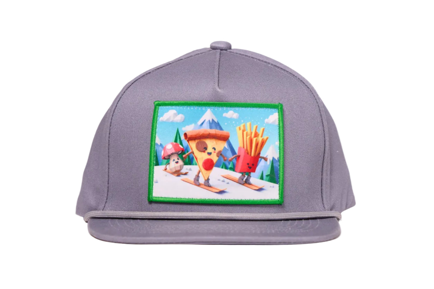 Grey flat billed hat with a surreal image of a skiing troupe of Pizza, French Fries, and a mushroom