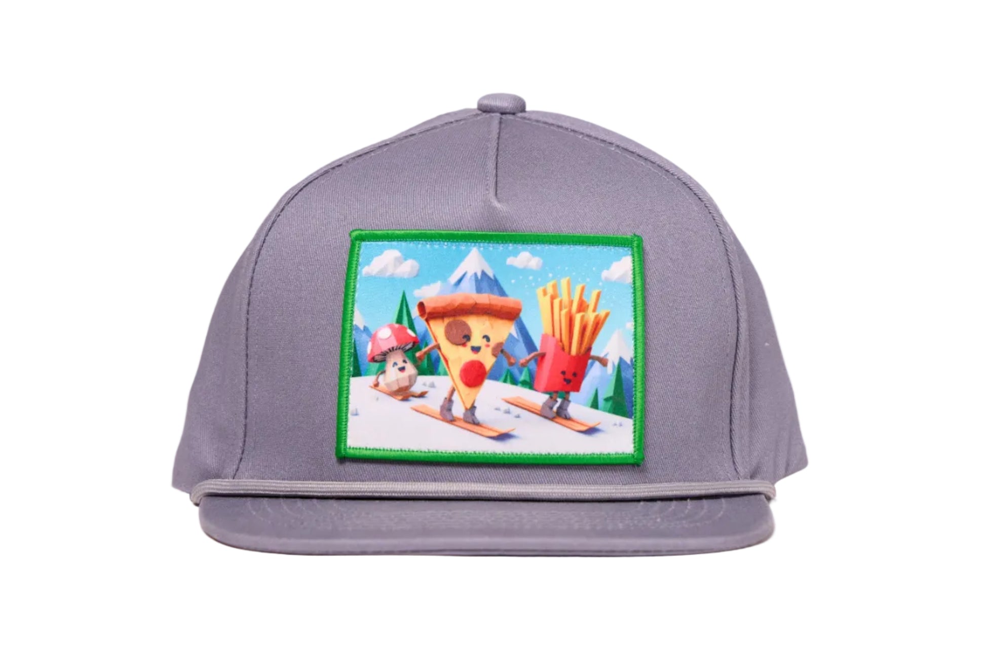Grey flat billed hat with a surreal image of a skiing troupe of Pizza, French Fries, and a mushroom