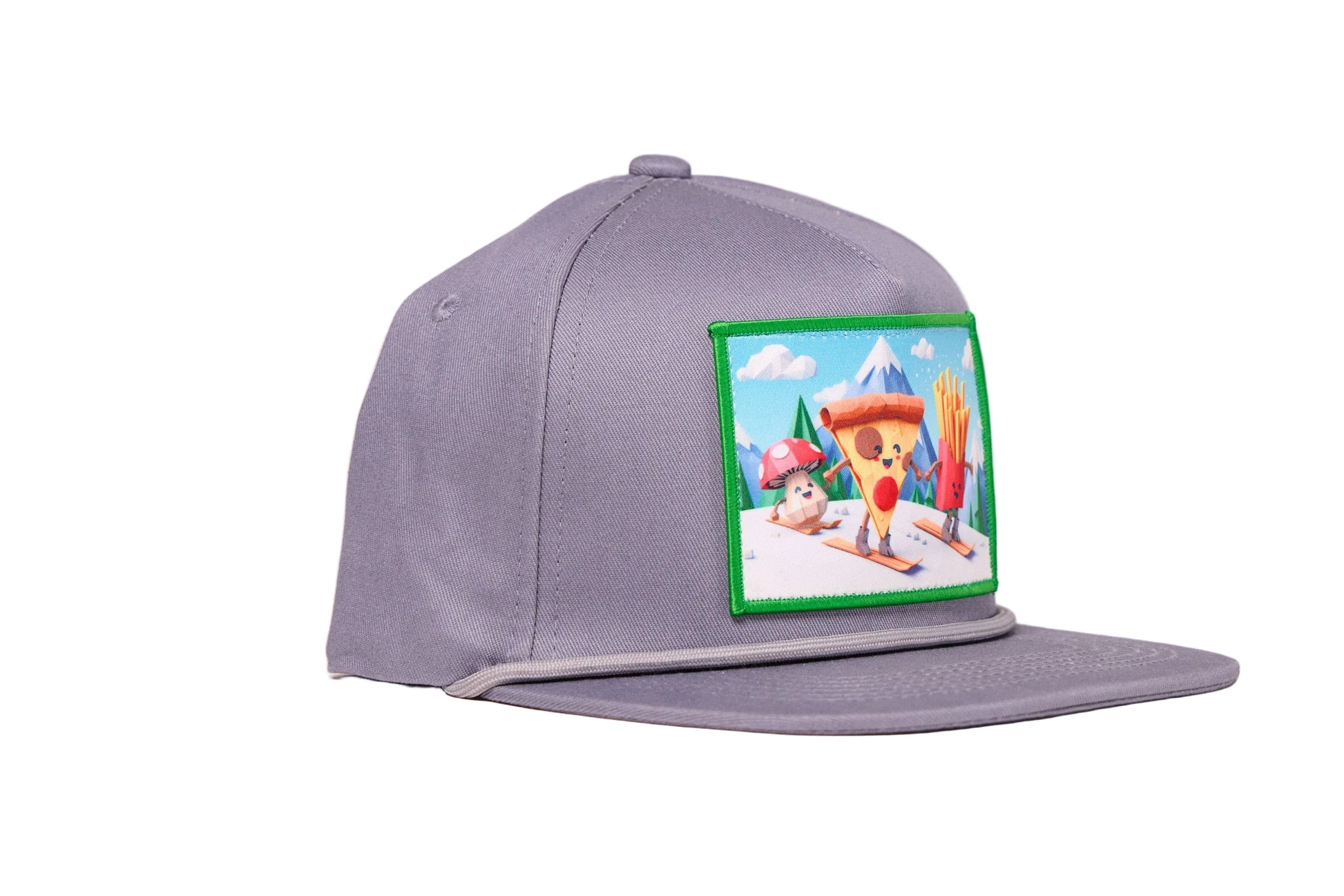 Grey flat billed hat with a surreal image of a skiing troupe of Pizza, French Fries, and a mushroom