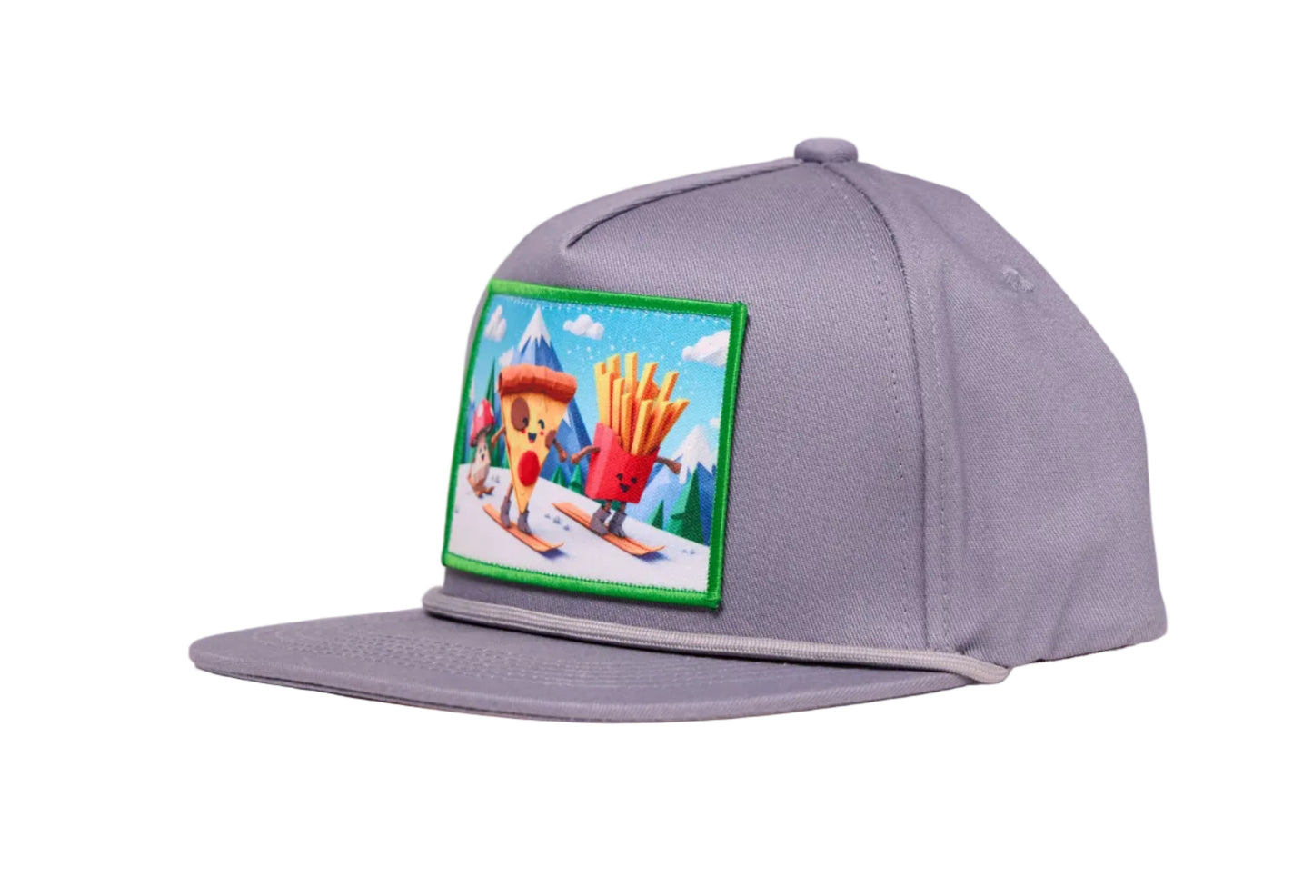 Grey flat billed hat with a surreal image of a skiing troupe of Pizza, French Fries, and a mushroom