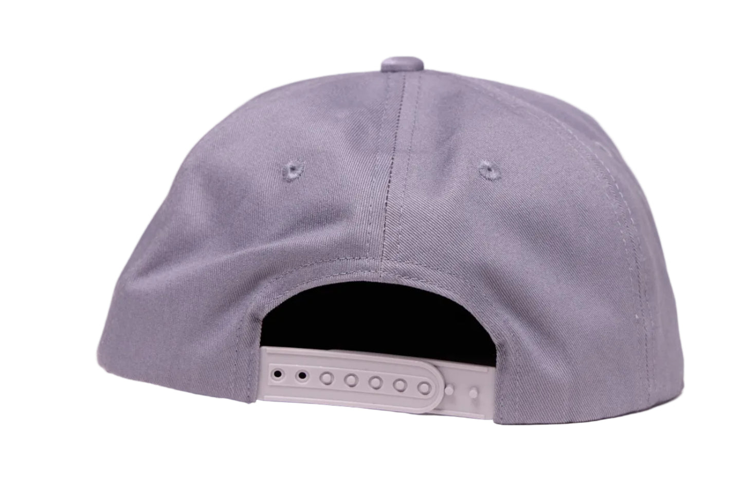 Grey flat billed hat with a surreal image of a skiing troupe of Pizza, French Fries, and a mushroom