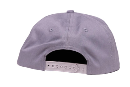 Grey flat billed hat with a surreal image of a skiing troupe of Pizza, French Fries, and a mushroom