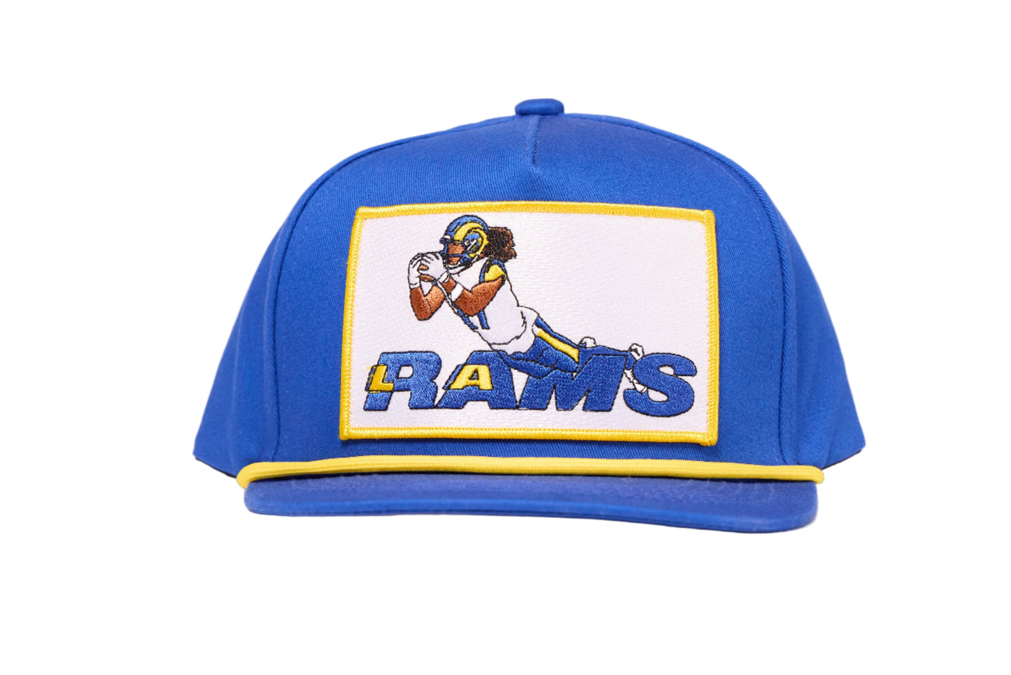 Blue cap depicting Puka Nacua diving for a football for Los Angeles