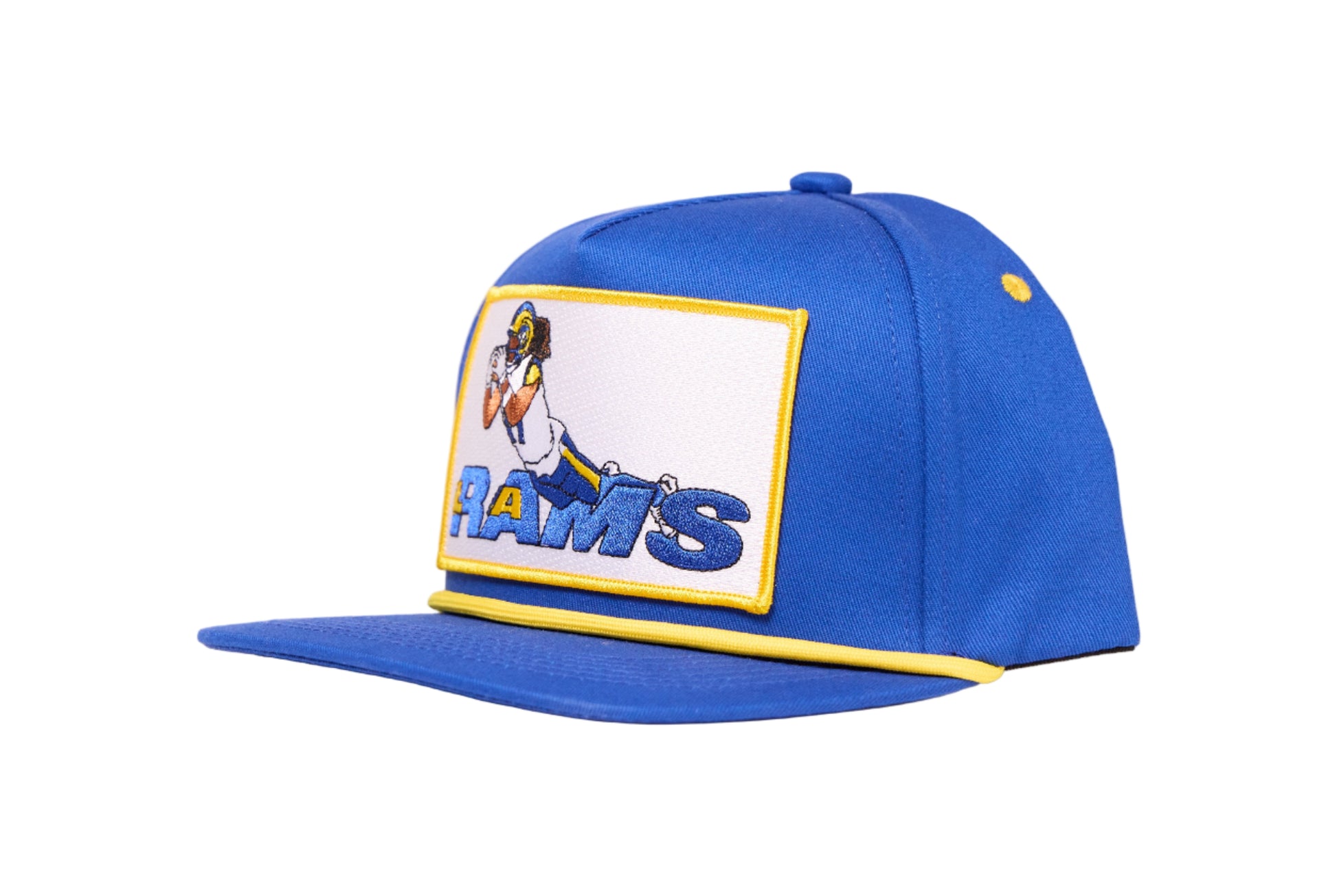 Blue cap depicting Puka Nacua diving for a football for Los Angeles