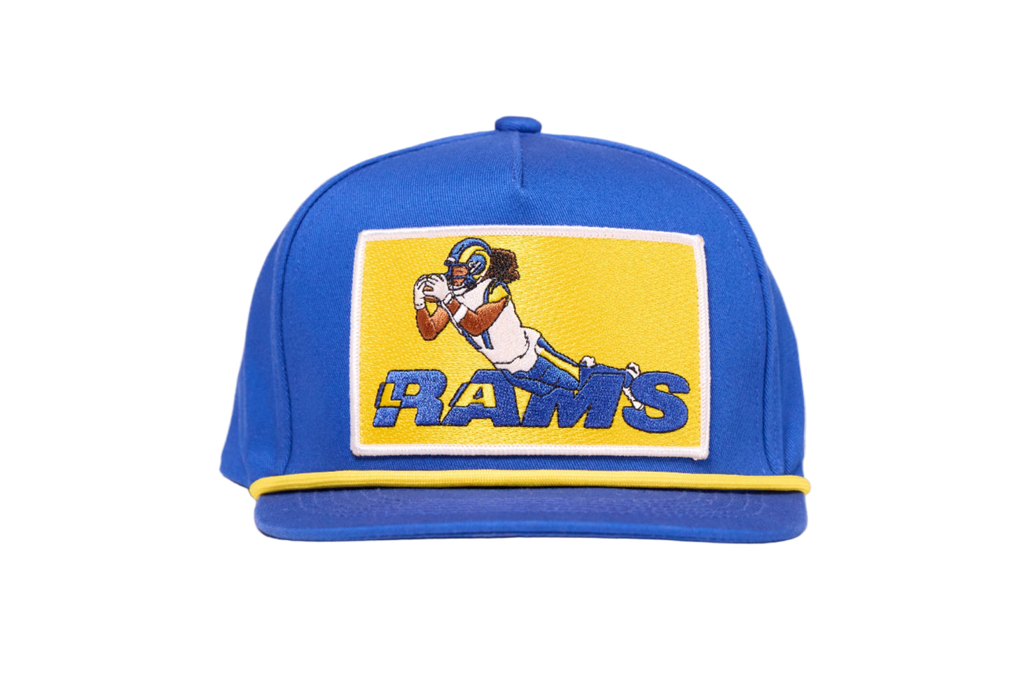 Blue cap depicting Puka Nacua diving for a football for Los Angeles