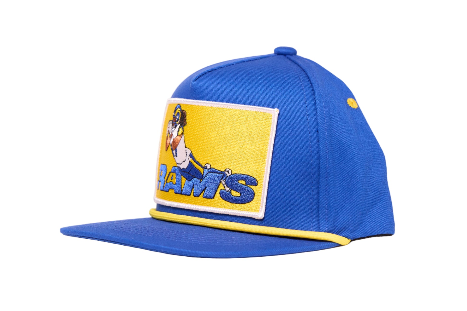 Blue cap depicting Puka Nacua diving for a football for Los Angeles